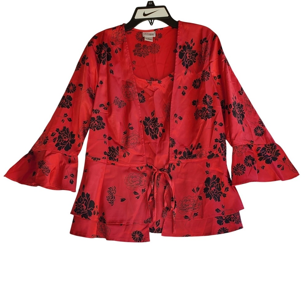 Vintage Red Black‎ Floral Tie Front Ruffle Bell Sleeve Jacket Top Blouse Size S